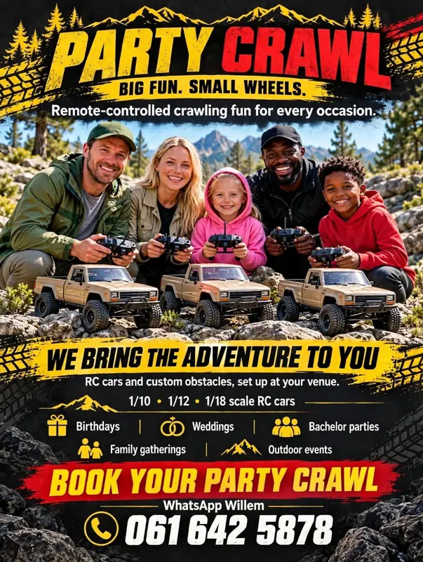 Party Crawl flyer: a family with RC controllers and three crawlers on rocks. We bring the adventure to you.