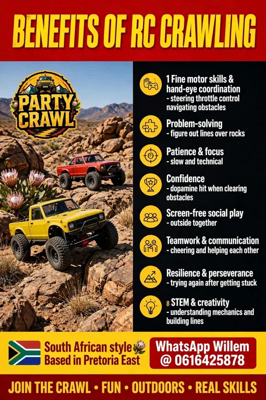 Party Crawl flyer: benefits of RC crawling, with a yellow and a red crawler on sandstone.