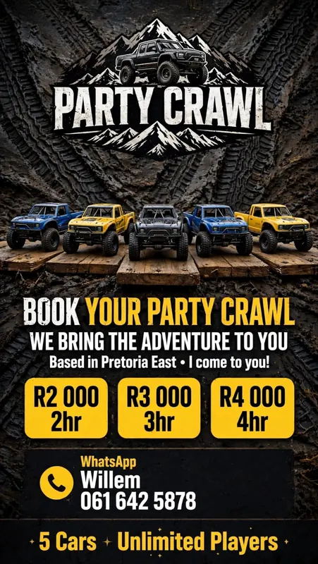 Party Crawl flyer: R2 000 for 2 hours, R3 000 for 3 hours, R4 000 for 4 hours. 5 cars, unlimited players.
