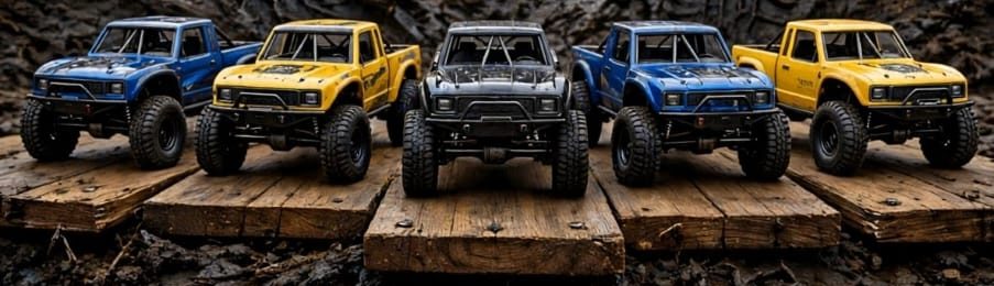Five Party Crawl rock crawlers lined up on wooden planks: blue, yellow, black, blue and yellow