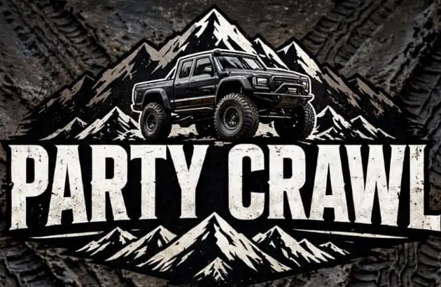 Party Crawl logo: a black crawler on snowy mountains